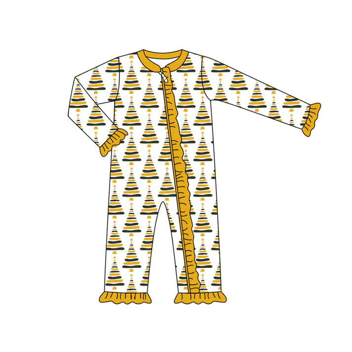 Preorder (moq 5)Baby Girls Long Sleeves Yellow Stripes Trees Plaid Ruffle Zipper Romper 7.3