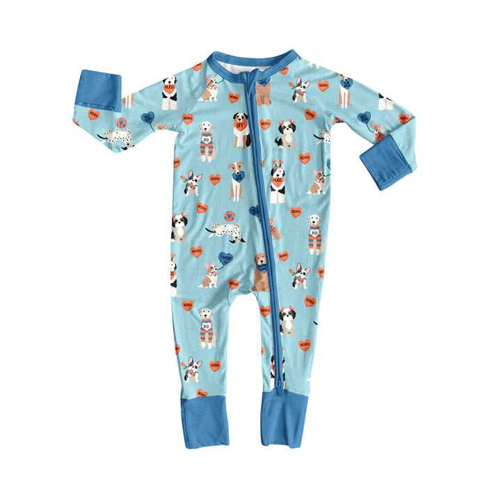 Preorder (moq 5)Baby Boys Blue XOXO Hearts Dogs Valentines Two Way Zip Convertible Rompers 12.8