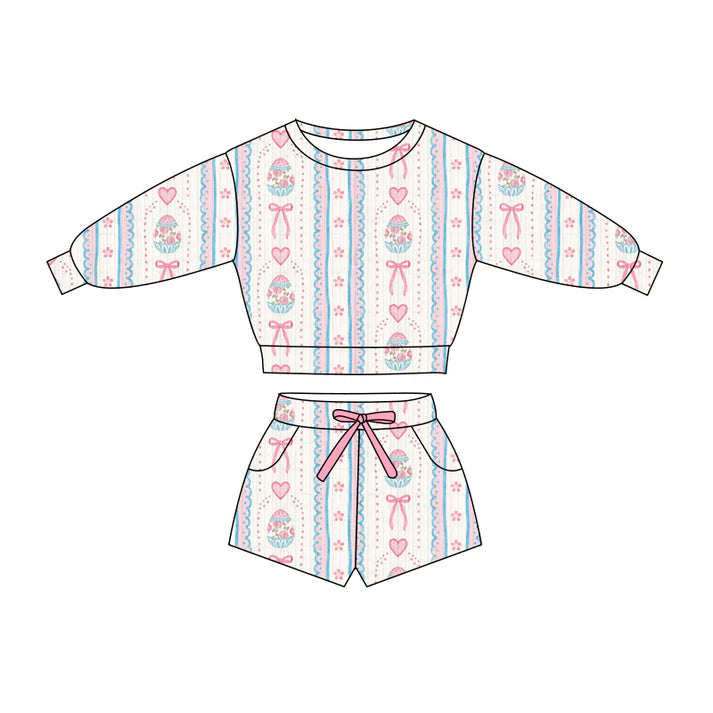 Preorder (moq 5)Baby Girls Hearts Eggs Bows Stripe Top Pockets Shorts Easter Clothes Sets 11.26