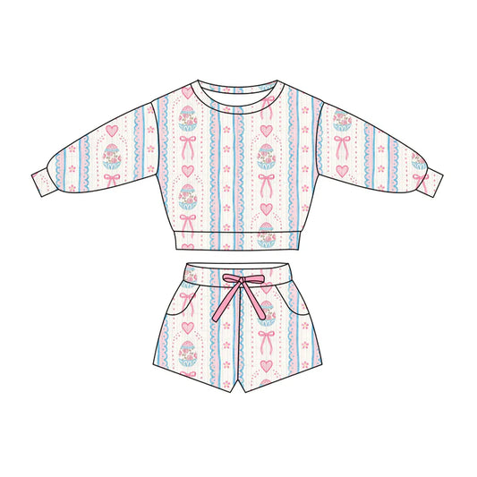 Preorder (moq 5)Baby Girls Hearts Eggs Bows Stripe Top Pockets Shorts Easter Clothes Sets 11.26