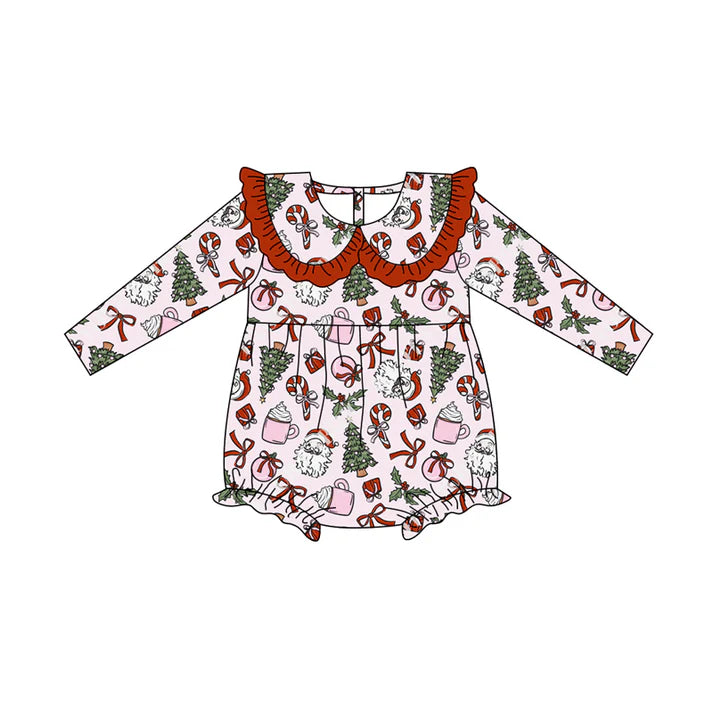 Preorder (moq 5)Baby Girls Long Sleeves Santa Bows Candy Cane Trees Plaid Ruffle Romper 7.3