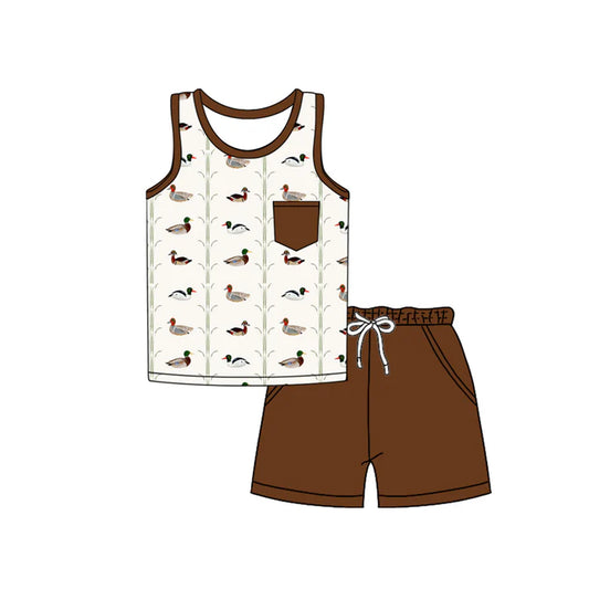 Preorder (moq 5)Baby Boys Sleeveless Ducks Top Brown Pocket Short Set 5.13