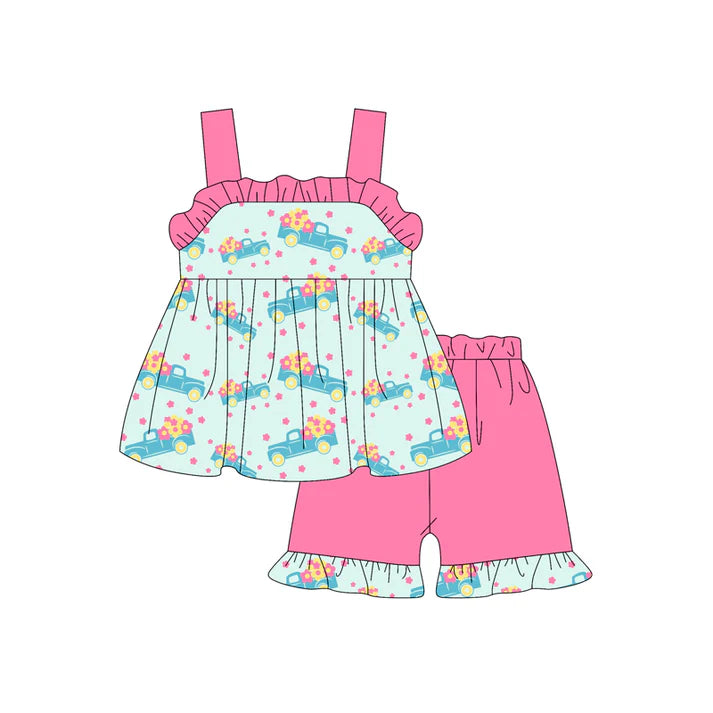 Preorder (moq 5)Baby Girls Pink Strap Flowers Trucks Tunic Ruffle Shorts Set 4.24