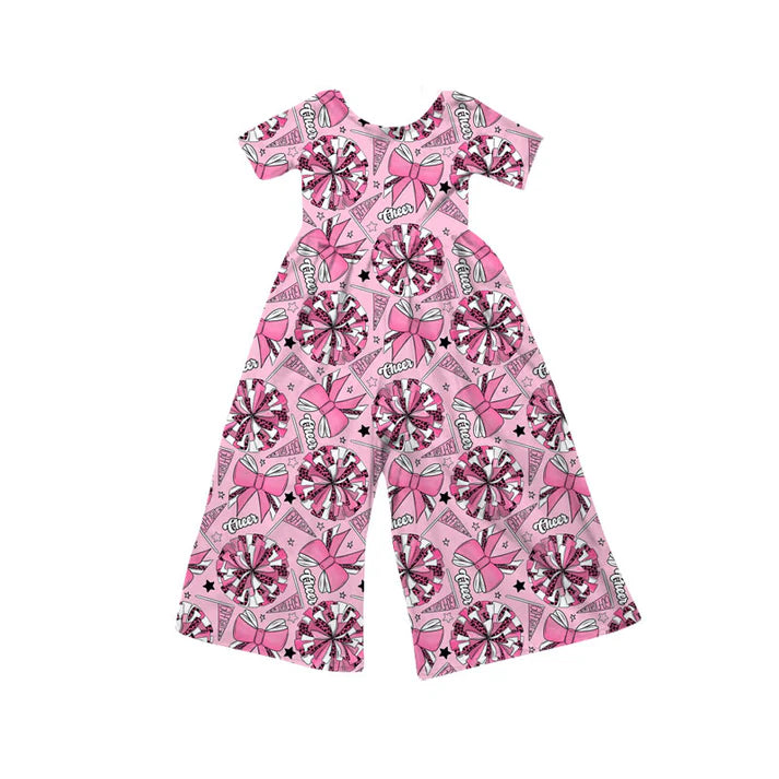Preorder(moq 8)Baby Girls Pink Bows Go Footballs Short Sleeve Team Pant Jumpsuits 9.29