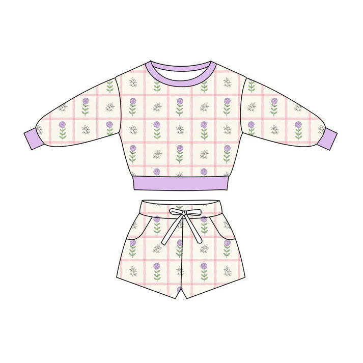 Preorder(moq 5) Baby Girls Pink Flowers Checked Long Sleeve Pockets Shorts Clothes Sets 10.27