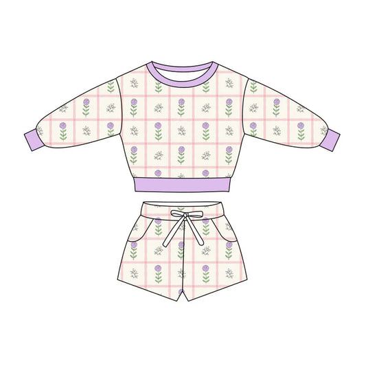 Preorder(moq 5) Baby Girls Pink Flowers Checked Long Sleeve Pockets Shorts Clothes Sets 10.27