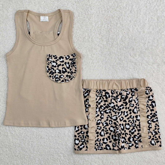 Baby Girls Clothes Khaki Pocket Bow Vest Ruffle Leopard Shorts Sets GSSO1979