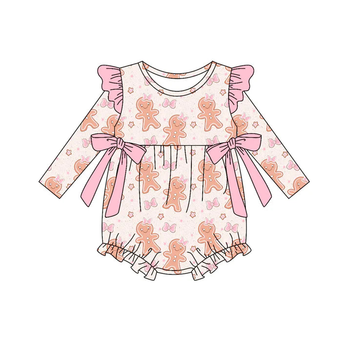 Preorder (moq 5)Baby Girls Pink Gingerbread Bows Christmas Ruffle Rompers 9.4