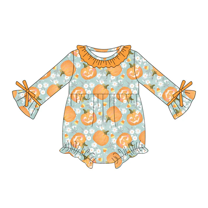 Preorder (moq 5)Baby Girls Blue Long Sleeves Flowers Pumpkins Ruffle Rompers 5.17