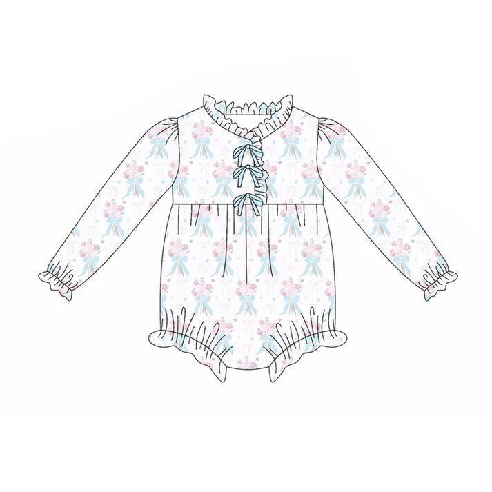 Preorder(moq 5)Baby Infant Girls Blue Bows Flowers Plaid Button Ruffle Rompers 7.29