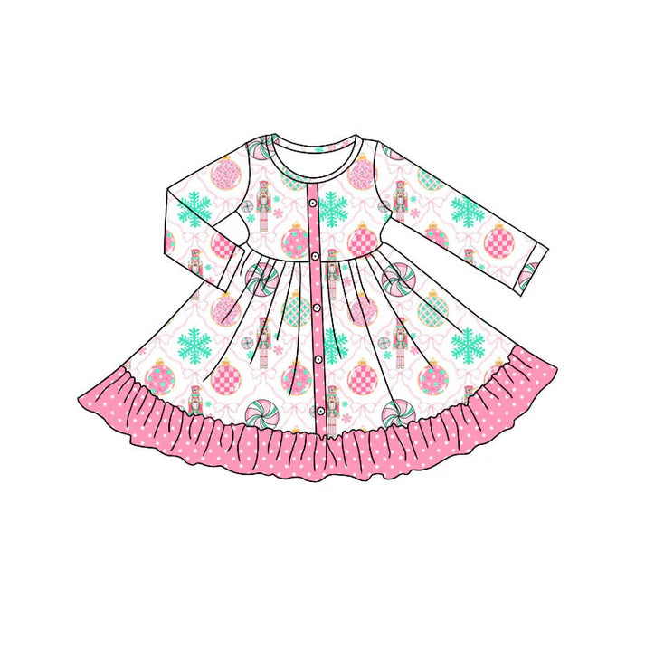 Preorder (moq 8)Baby Girls Pink Bows Soldiers Button Ruffle Christmas Knee Length Dresses 9.10