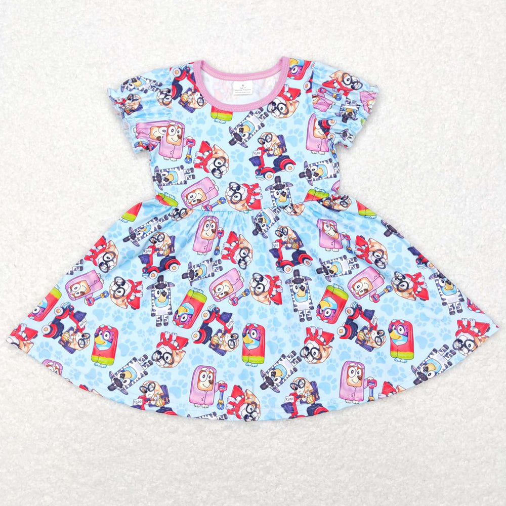Baby Girls Dress Blue Dogs Short Sleeve Knee Length Dresses GSD0575
