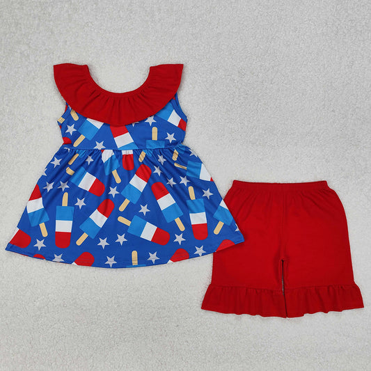 Baby Girls Clothes 4th Of July Popsicle Stars Tunic Ruffle Shorts Sets GSSO1765