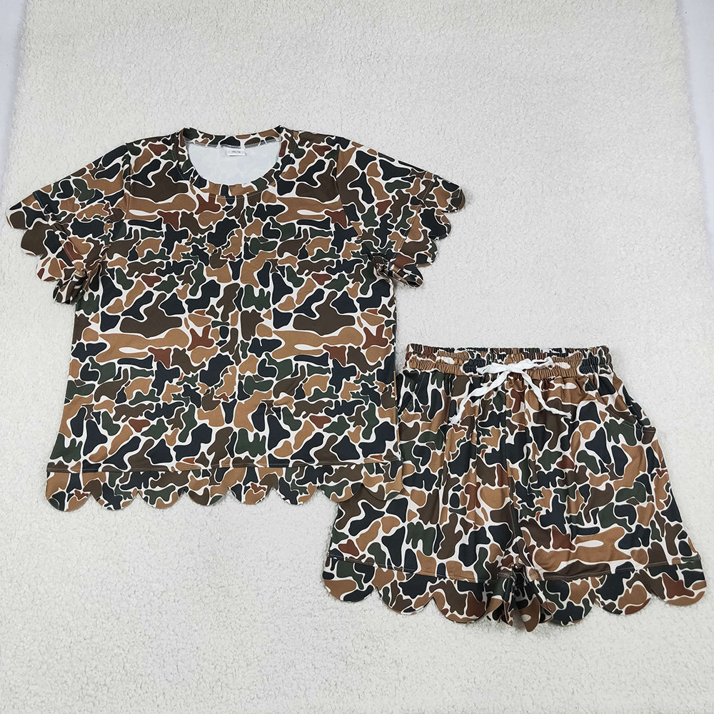 Adult Women Clothes Southern Dark Brown Camo Top Pockets Short Scallop Clothes Sets GSSO3234