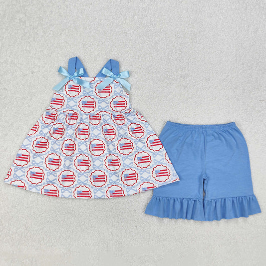 Baby Girls Clothes Blue Bows Flag Top Ruffle Shorts Sets GSSO2074