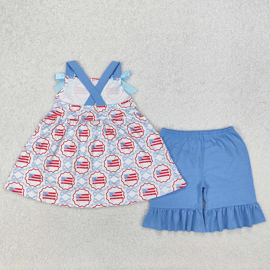 Baby Girls Clothes Blue Bows Flag Top Ruffle Shorts Sets GSSO2074