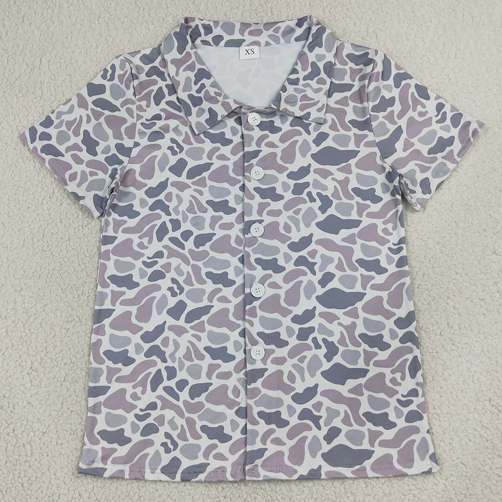 Adult Men Clothes Short Sleeve Light Grey Camo Button Polo Shirts Top BT1609