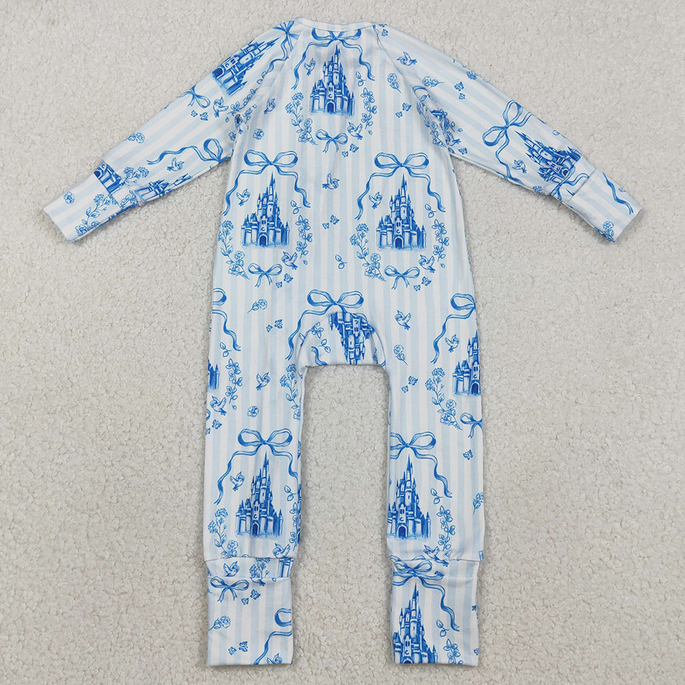Baby Girls Rompers Blue Stripe Bows Castles Two Way Zip Rompers LR2661 11.21