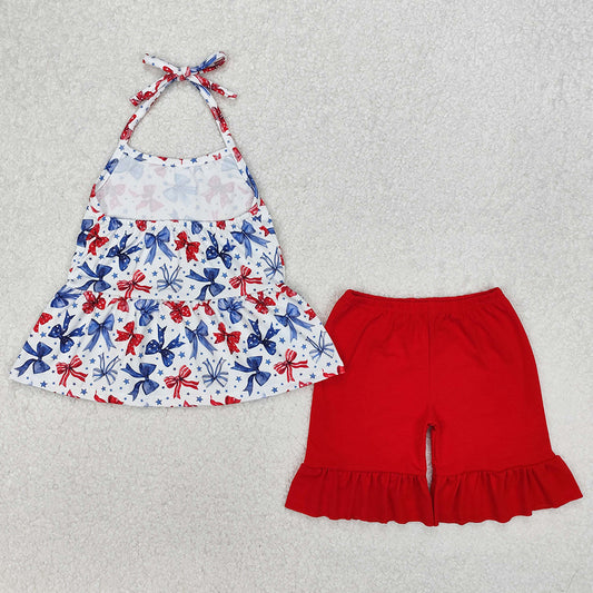 Baby Girls Clothes 4th of July Bows Halter Tunic Shorts Sets GSSO1928