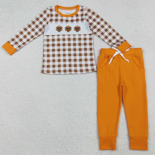 Baby Boys Clothes Embroidery Turkey Checked Top Pockets Pant Thanksgiving Clothes Set BLP1186 10.1