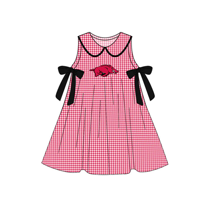 Preorder (moq 5)Baby Girls Red Plaid Sleeveless Bows Bull Team Knee Length Dresses 7.10