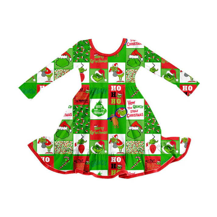 Preorder (moq 8)Baby Girls Green Faces Checked Christmas Ruffle Knee Length Dresses 9.10
