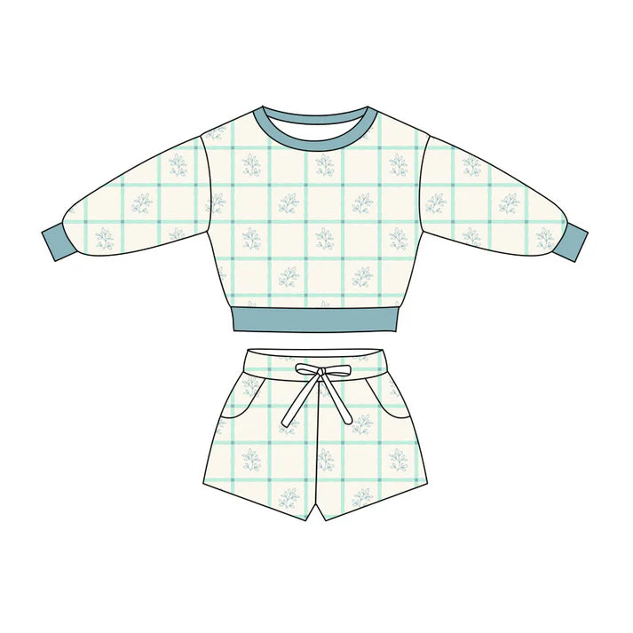 Preorder(moq 5) Baby Girls Green Flowers Checked Long Sleeve Pockets Shorts Clothes Sets 10.27