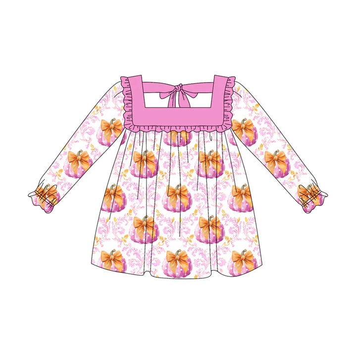 Preorder (moq 5)Baby Girls Long Ruffle Sleeves Pink Floral Pumpkins Knee Length Dresses 6.12