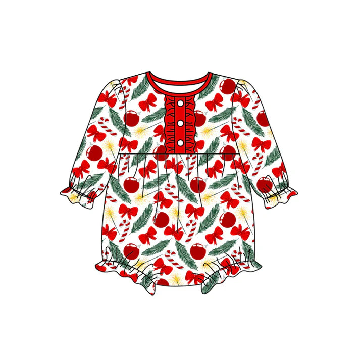 Preorder (moq 5)Baby Girls Long Sleeves Red Bows Cherry Button Ruffle Rompers 5.17