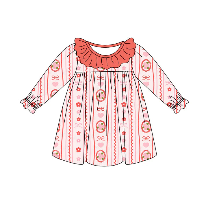 Preorder (moq 5)Baby Girls Long Ruffle Sleeves Peach Hearts Bows Stripe Knee Length Dress 7.28