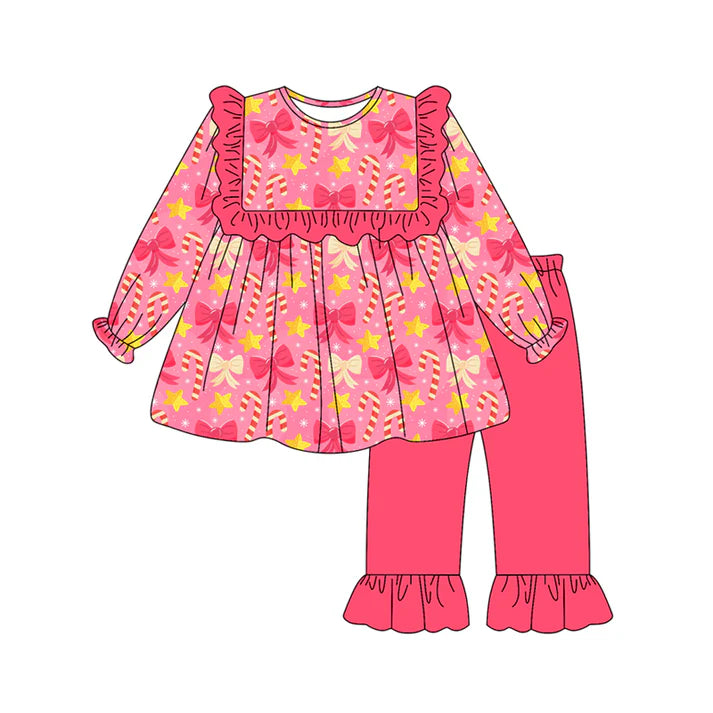 Preorder (moq 5)Baby Girls Red Long Ruffle Sleeves Candy Cane Bows Tunic Pant Set 6.17