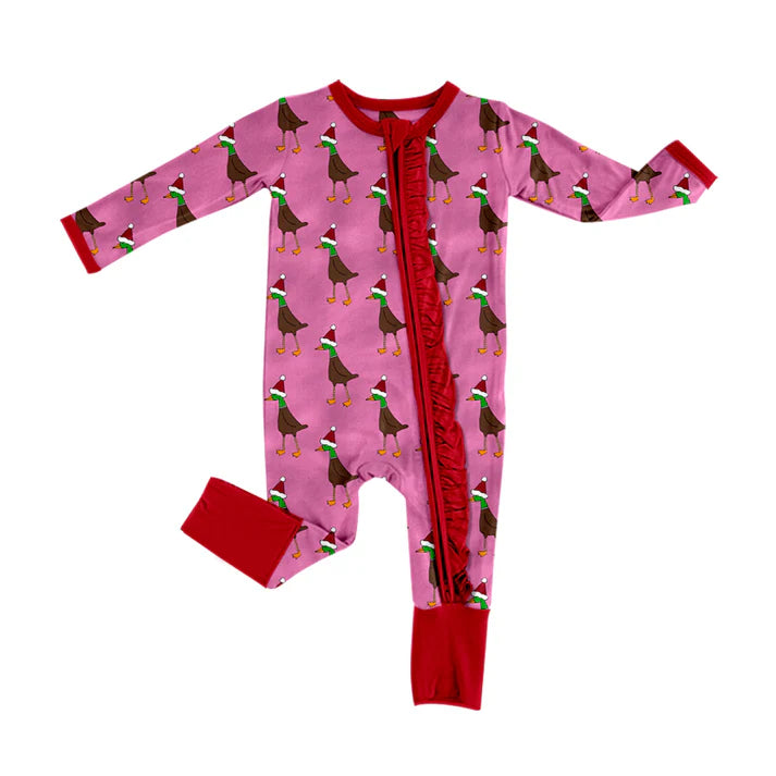 Preorder (moq 5)Baby Girls Hot Pink Long Sleeves Hats Ducks Zipper Rompers 5.17