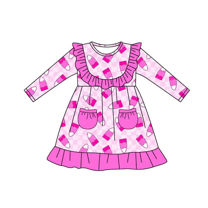Preorder moq 5 Baby Girls Long Sleeves Hot Pink Pockets Candy Knee Length Dresses 5.8