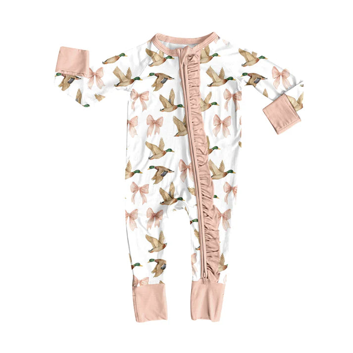 Preorder(moq 5)Baby Girls Bows Ducks Pink Zipper Footie Rompers 8.9