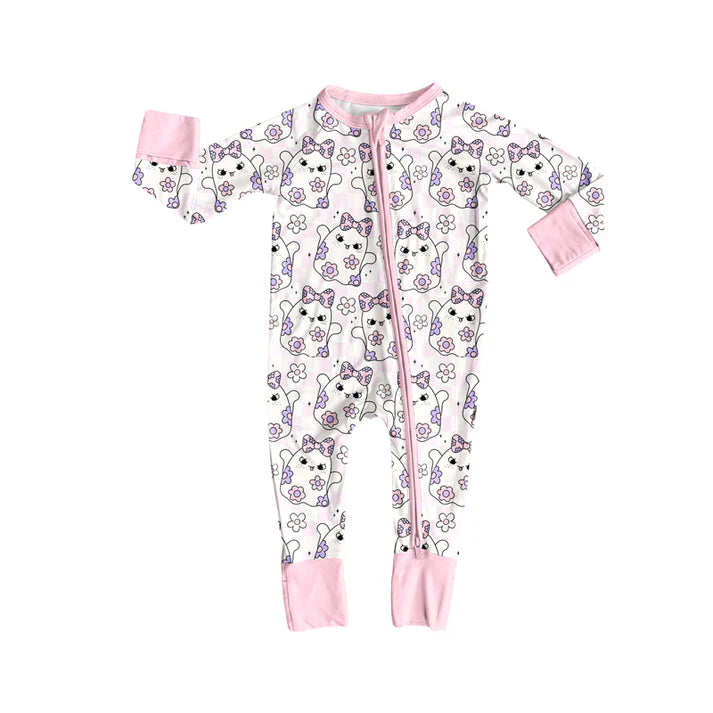 Preorder (moq 5)Baby Girls Long Sleeves Pink Flowers Ghosts Plaid Zipper Pant Romper 7.2