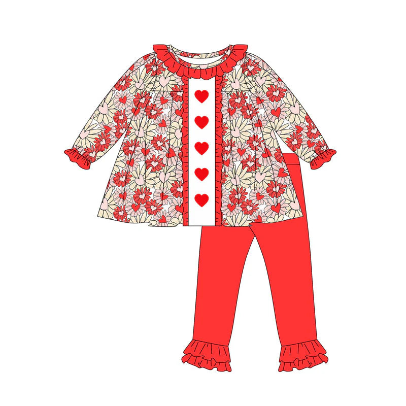 Preorder (moq 8)Baby Girls Red Daisy Hearts Tunic Ruffle Leggings Valentine Clothes Sets 9.6