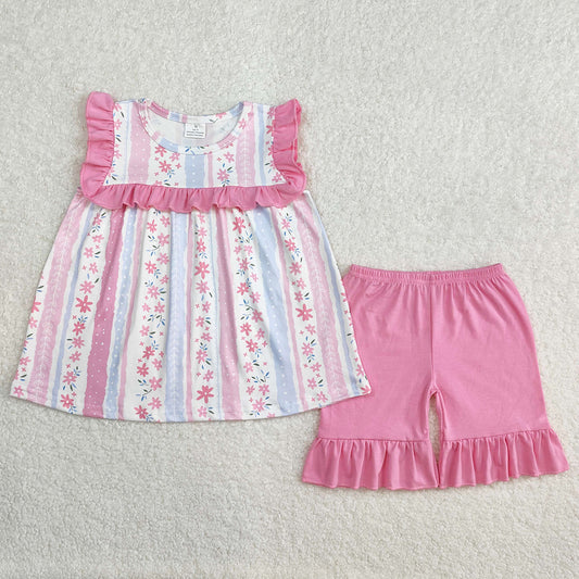 Baby Girls Clothes Pink Flowers Tunic Tops Ruffle Shorts Sets GSSO2012