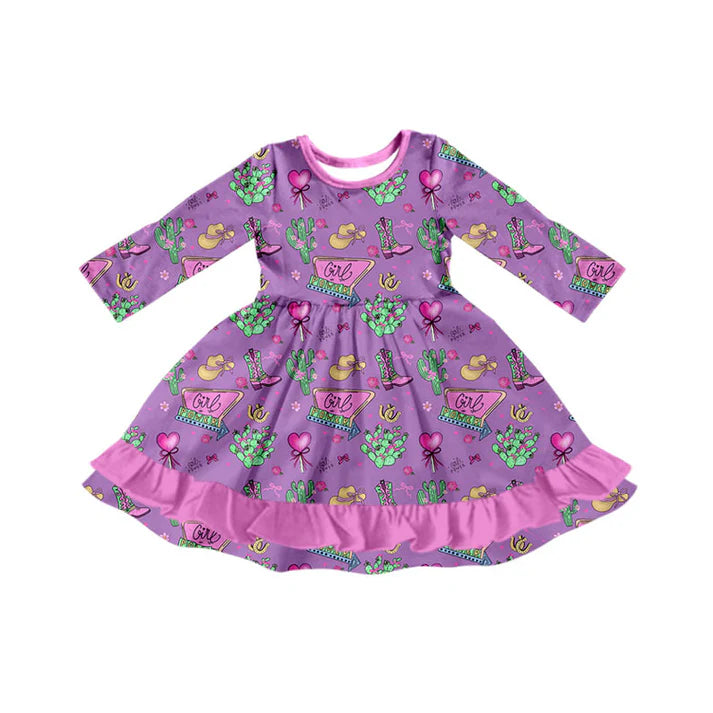Preorder (moq 5)Baby Girls Boot Hats Cactus Hearts Western Ruffle Knee Length Dresses 12.4