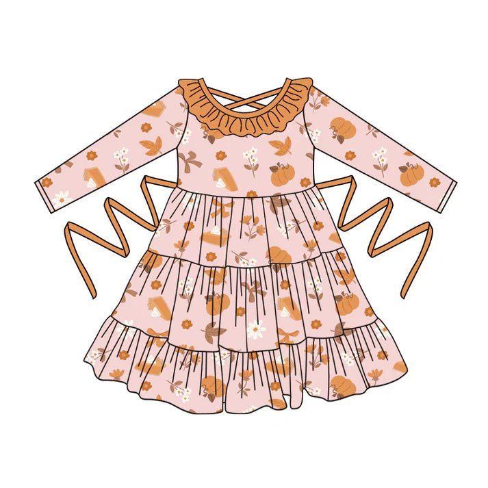 Preorder moq 5 Baby Girls Pink Long Sleeves Leaves Pumpkins With Belt Ruffle Knee Length 5.2