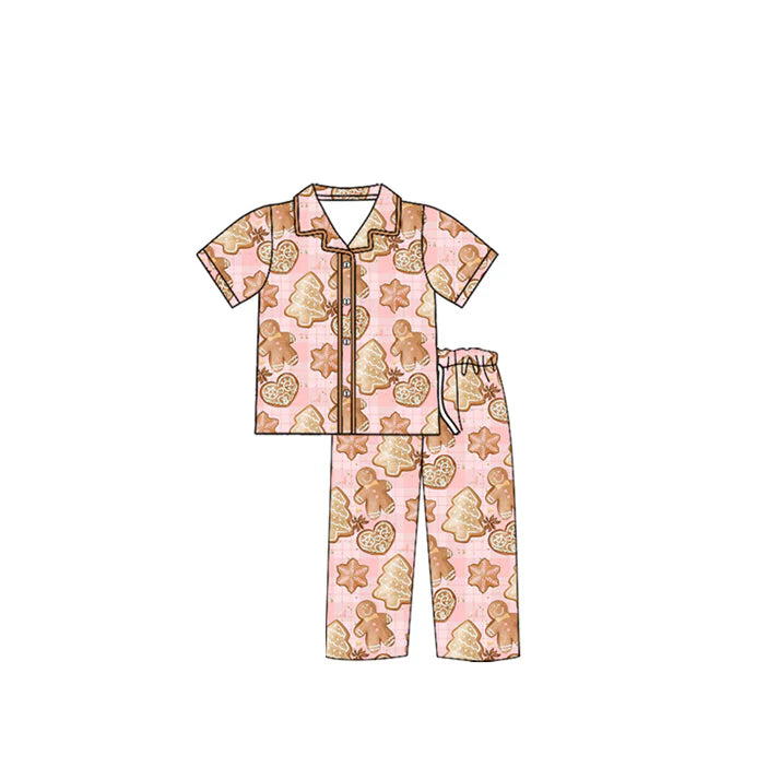 preorder(moq 5) Baby Girls Short Sleeves Pink Gingerbread Trees Button Top Pants Pajamas Set 7.24
