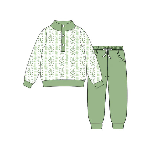 Preorder(moq 5) Baby Girls Green Flowers Stripe Button Top Pockets Jogger Clothes Sets 10.31
