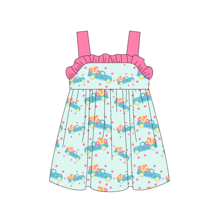 Preorder (moq 5)Baby Girls Pink Strap Flowers Trucks Knee Length Dresses 4.24