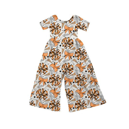 Preorder(moq 8)Baby Girls Orange Bows Go Footballs Short Sleeve Team Pant Jumpsuits 9.29