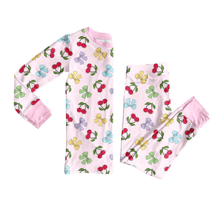 Preorder (moq 8)Baby Girls Colorful Bows Cherry Top Pants Valentine Pajamas Sets 9.13