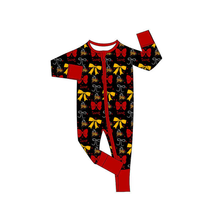 Preorder(moq 5)Baby Girls Black Vikings Bows Zipper Footie Rompers 8.29