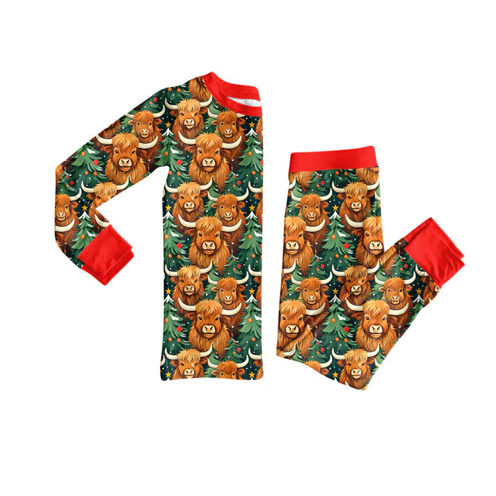 Preorder(moq 5) Baby Girls Long Sleeves Highland Cows Trees Plaid Top Pants Pajamas Set 7.22