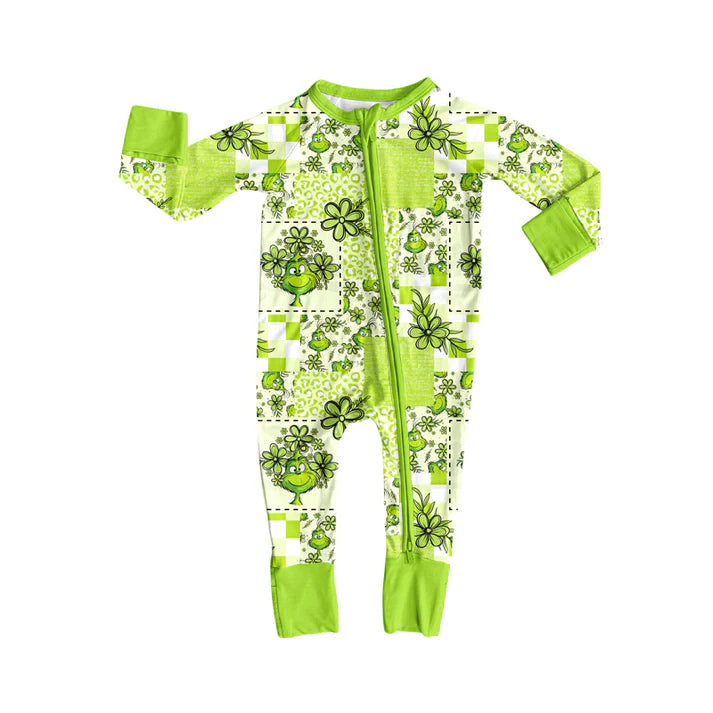 Preorder(moq 5)Baby Infant Green Face Flowers Plaid Christmas Zipper Rompers 8.4