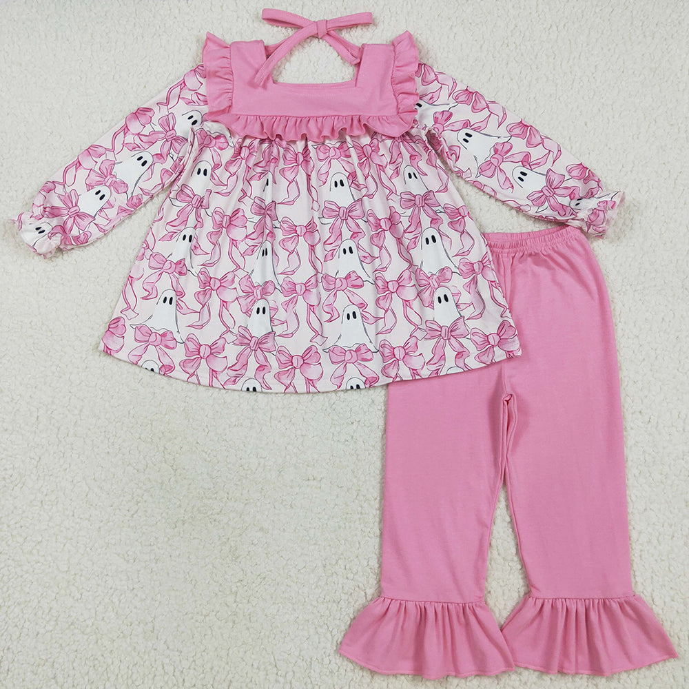 Baby Girls Clothes Halloween Long Sleeve Pink Bows Ghosts Tunic Ruffle Pants Set GLP2362 7.10