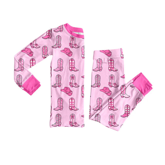 Preorder (moq 5)Baby Girls Pink Hats Floral Boots Top Pants Western Pajamas Sets 12.8