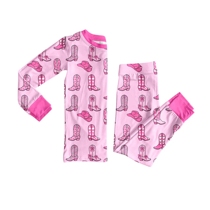 Preorder (moq 5)Baby Girls Pink Hats Floral Boots Top Pants Western Pajamas Sets 12.8